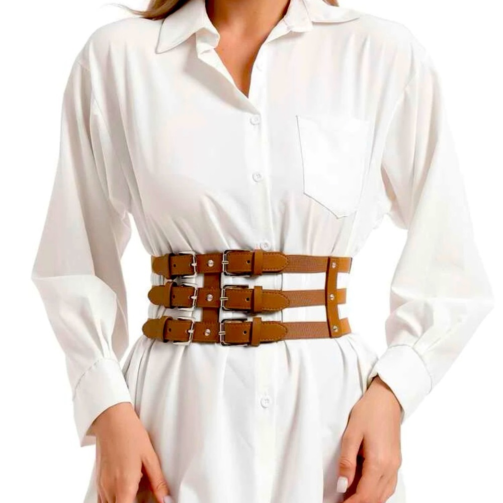 Wide Cinch Edgy Corset Style Stretchy Cage Belt With Silver Buckles